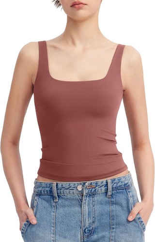Women's Square Neck Tank Top Sleeveless Double Lined Basic Tops Sharp Collection - Picture 4 of 80