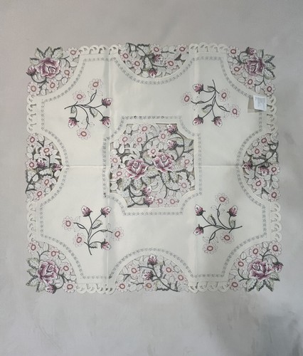 Mantel Cuadrado Lino Blanco Espectacular Arreglo Floral Bordado 33"X33" - Imagen 11 de 18