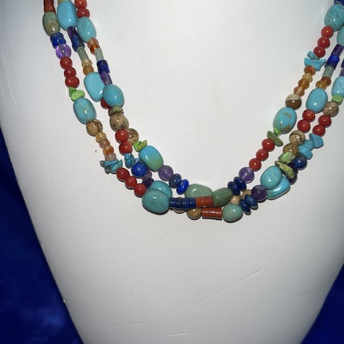 Southwestern 3 Strand Dakota West 925 Turquiose & coral stone necklace - Picture 2 of 5