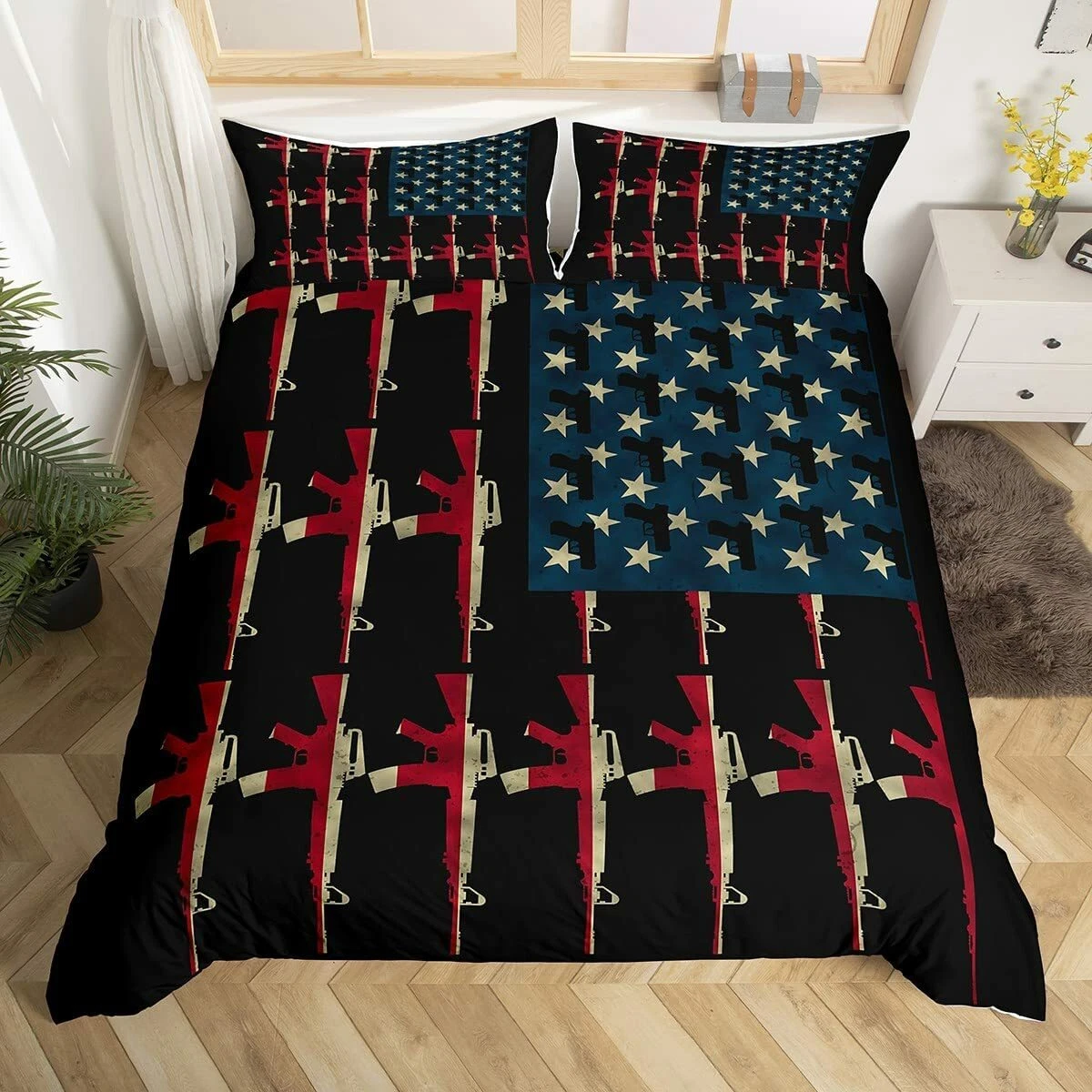 American Flag Comforter Cover Queen Vintage Soldier Guns Bedding Set Military Us