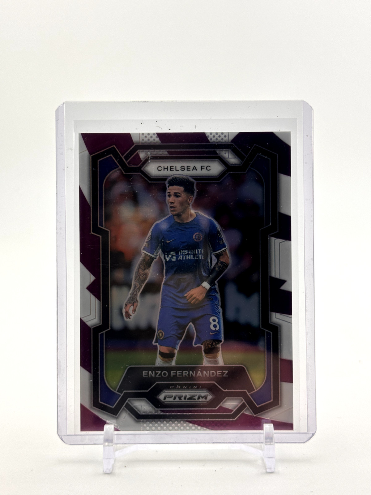 2023-24 Panini Prizm Premier League Enzo Fernandez Purple and White Stripes /92