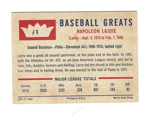 1960 FLEER NAP LAJOIE BASEBALL card # 1 - Picture 2 of 2
