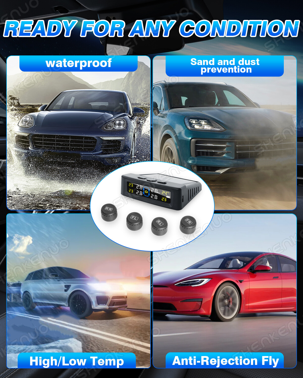 Tire Pressure Monitoring Systems TPMS 4 External Sensors Wireless Solar Power