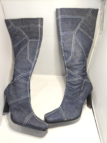 Vintage Paprika Denim Boots Y2K Knee Tall Patchwork Blue Jeans Fabric Zip USA 6 - Picture 2 of 9