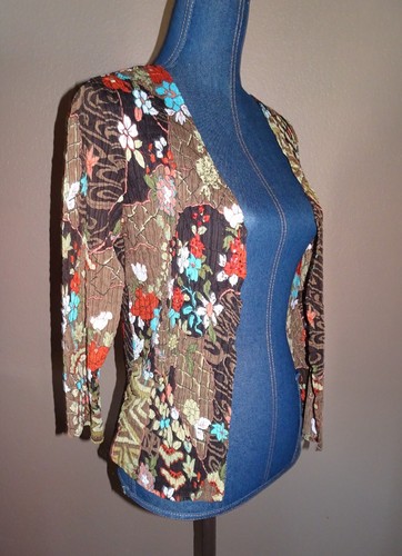 ALBERTO MAKALI Brown Floral Crinkled Sequin Hook Eye Closure Shrug Jacket SZ M - Picture 4 of 4