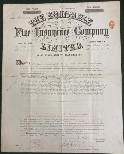 1886 THE EQUITABLE FIRE INSURANCE Co. Policy, James Slack, CANDLEMAKER, Carlisle