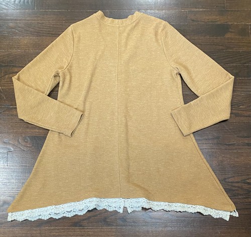 Logo Button Front Asymmetrical Lace Hem Cardigan Women's M Mustard Slouch Pocket - Picture 9 of 9