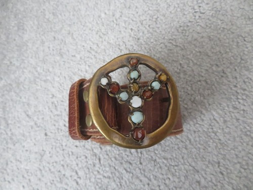 Vintage 70er Peace Zeichen Symbol Hippie polierter Stein Handarbeit Schnalle & Ledergürtel - Bild 2 von 4