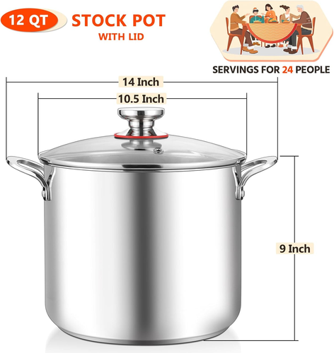 12-Quart Stock Pot, 18/10 Stainless Steel Stockpot with Lid for Cooking Simmerin - Picture 2 of 7