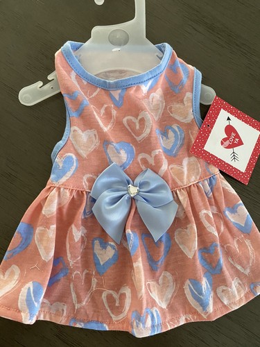 ROPA MASCOTA MELOCOTÓN CON CORAZONES BLANCOS Y AZULES, RIBETE AZUL Cachorro/Perro PEQUEÑO - Imagen 1 de 2