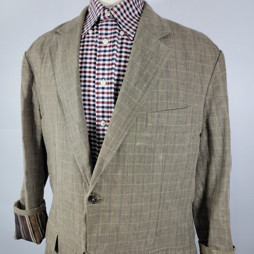 Tasso Elba Men's Sport Coat Blazer Two Button 100% Linen Brown Plaid Sz XL - Picture 5 of 19
