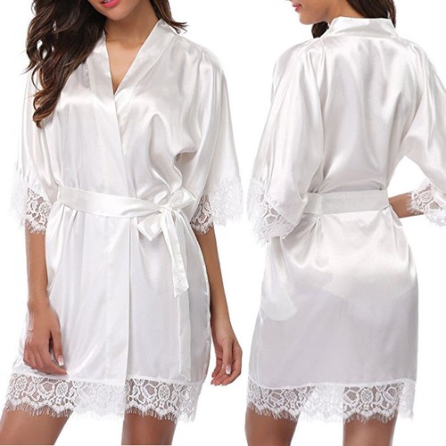Women Sexy Satin Silk Nightdress Ladies Lace Lingerie Nightie Wrap Dress Robe US - Picture 8 of 28