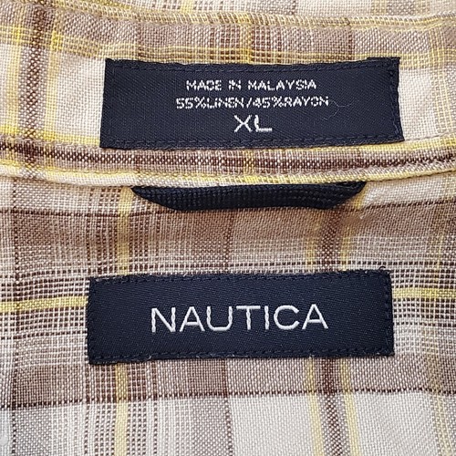 Nautica XL Short Sleeve Button Up Dress Shirt Collared Pocket Yellow Cream Brown - Picture 5 of 7