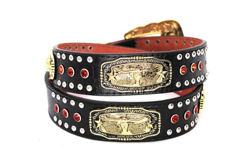 Western Belt Black Gold Longhorn Men Red Stone Crocodile Snake Pattern Pants 42 - Picture 2 of 10