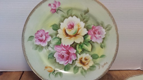 4 Placas Rosas Pintadas a Mano 10 3/8" con Borde Dorado Firmado por los Artistas - Imagen 2 de 7
