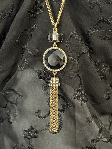 JCrew Antiqued Goldtone Chain Rhinestone Pendant With Tassel Clear Black Gray - Picture 2 of 9