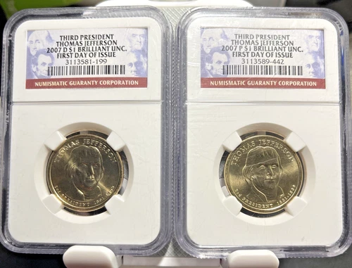 2007 P & D 3rd PRESIDENT THOMAS JEFFERSON NGC UNC FIRST DAY of ISSUE 2-COIN SET