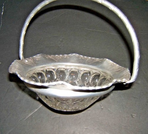 Vintage Farber & Shlevin Aluminum Glass Candy Basket w Thumbprint Glass Insert - Picture 3 of 3