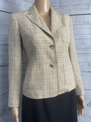 Talbots Petites Sz2 Linen Blend Tweed Blazer Jacket 2 Button Cream Tan Gold EUC - Picture 1 of 16