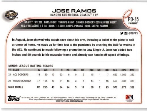 JOSE RAMOS 2022 Topps Pro Debut #PD-85 Rancho Cucamonga Quakes - Picture 2 of 2