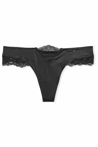 Victorias Secret Black Micro Lace Inset Thong Size L Silky Body Logo V Charm NWT - Picture 5 of 6