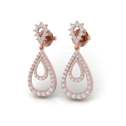 1.60 Ct Round Lab Grown CVD Pave Diamond Dangle Earrings 14k Rose Solid Gold - Picture 3 of 6
