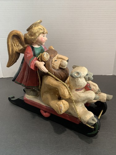 Vtg 1994 House of Hatten Large Angel Lion & Lamb Sled Folk Art Peaceable Kingdom - Foto 3 di 13