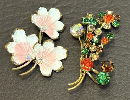 Lot Of 2 Vintage Austrian Crystal AB Gold Tone Flower Spray Bouquet Brooch - Imagen 3 de 9