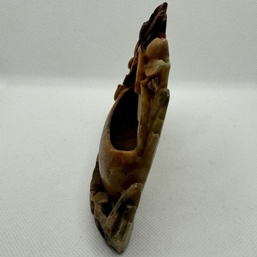 Antique Carved Chinese Soapstone Etched Ink Well Vase Bookend Berries Leaves - Picture 2 of 11