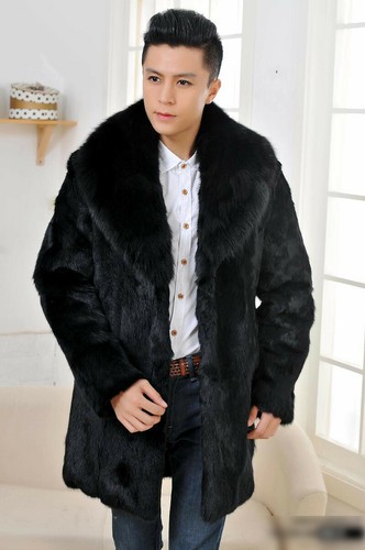 Black Real Rabbit Fur Coat Jacket Lapel With Fur Collar Jacket Luxury Overcoat - Picture 3 of 12