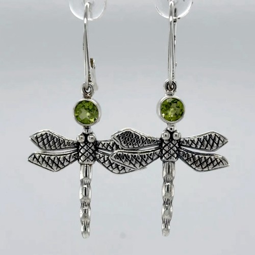 925 Sterling Silver - Green Peridot Dragonfly Leverback Drop / Dangle Earrings - Picture 5 of 9