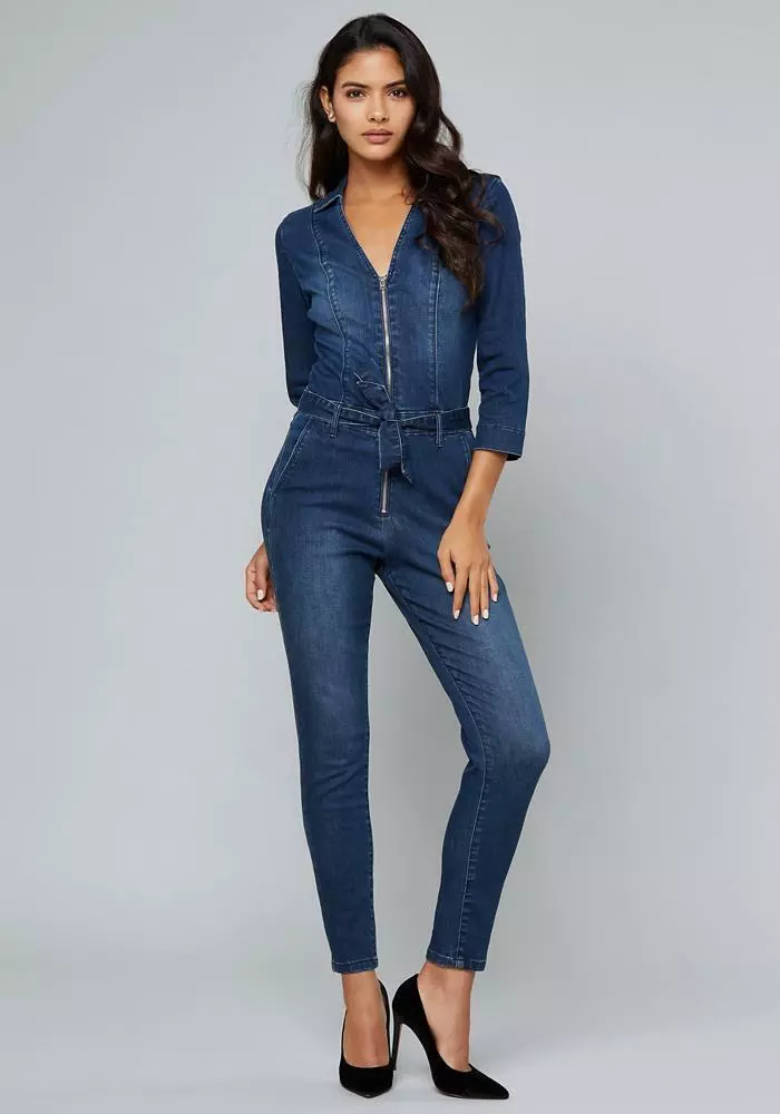 Bebe Jumpsuit Blue Denim Tie Waist Front Racer Zip Up Lg Sleeve Sleek NWT Sz 26