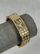 Elgin Watch Womens 17mm Chevron Rhinestone Bangle Cuff Gold Tone New Battery