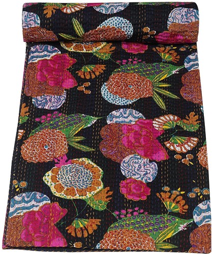 Ethnic Bedspread Ralli King SIze Vintage Kantha Quilt Indian Handmade Blanket - Bild 1 von 7
