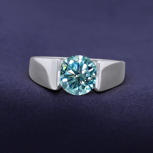 4.00 Ct Round Blue Moissanite Men's Engagement Ring In 14K White Gold Plated - Picture 2 of 6