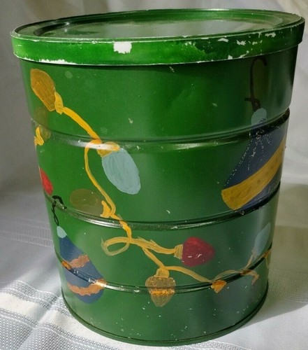CHRISTMAS TIN FROM COFFEE CAN HAND PAINTED WITH CHRISTMAS LIGHTS AND BALLS - Picture 1 of 10