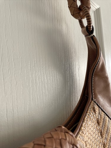 Cole Haan Large Straw Woven Leather Tote Hand Bag Purse CAMEL TAN Brown - Picture 10 of 24