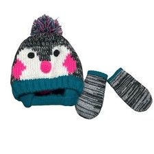 Infant baby winter snow penguin Fleece Beanie with Chin Strap mittens
