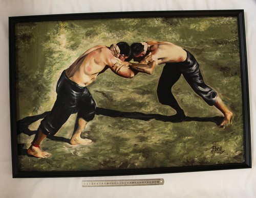 Large oil painting on canvas of "Turkish Wrestlers" at Kirkpinar - Picture 2 of 4