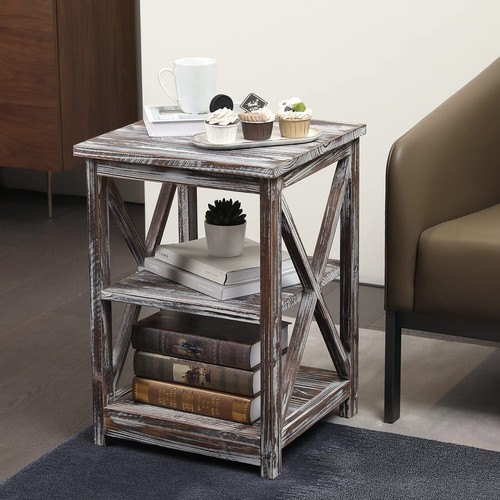 Versatile Rustic Torched Wood End Table or Nightstand w/ 2 Shelves Storage Space - Picture 7 of 7