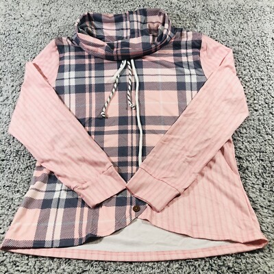 Exclusive Top Women s Pink Gray Plaid Sz Large Long Sleeve Buttons Cottage Core