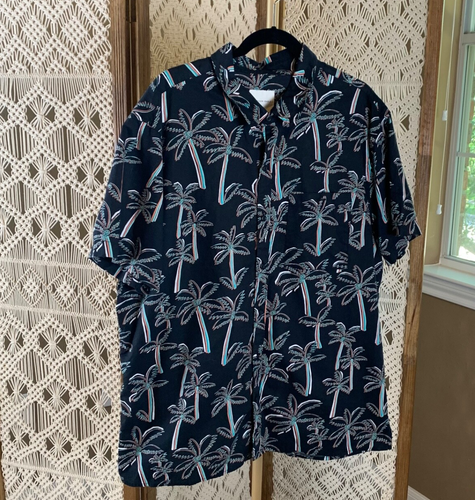 American Eagle Herren Gr. XXL schwarz tropisch Baumwolle Kurzarm Hemd Button-Down