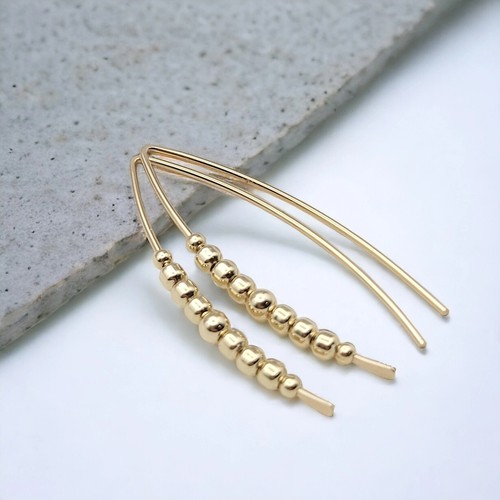 Modern 14K Gold Filled Bead Linear Threader Earrings Hypoallergenic Minimal Chic - Picture 7 of 7