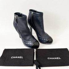 Chanel Platform Ankle Boot Two Tone Cap Toe Cc Quilted Navy Black 38