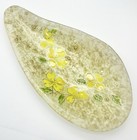 Fused Glass Art Glass Platter Tear Drop Shape Yellow Florals Gold Details