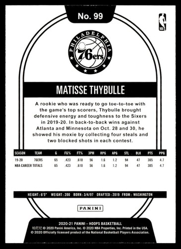 2020-21 Hoops Matisse Thybulle Philadelphia 76ers #99 - Picture 2 of 2