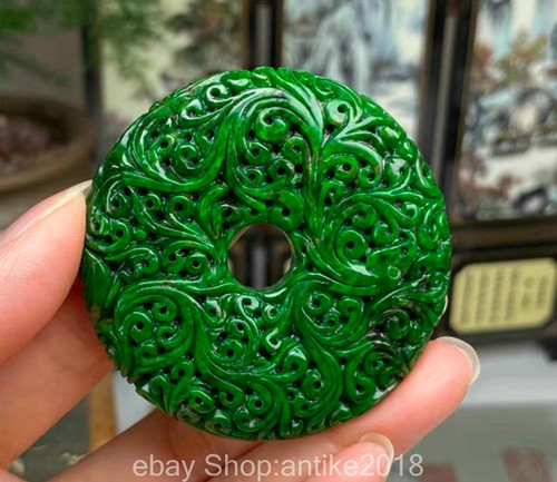 2.2" Old Chinese Natural Emerald Jadeite Green Jade Carved Flower Amulet Pendant - Picture 7 of 11