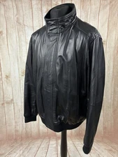 M&S Blue Harbour Mens XL Black Leather Jacket Coat Bomber 46” Quilted Lining