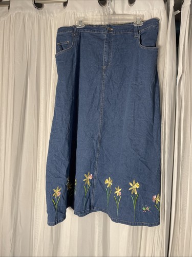 Quacker Factory Womens Denim Skirt Size 1X Blue Embroidered Floral Midi Maxi - Picture 1 of 20
