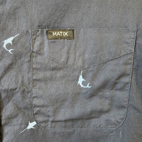 Matix L Button Up Shirt Navy Blue Marlin Fish Print Short Sleeve Men's - Picture 3 of 7